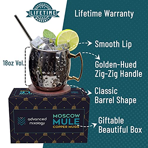 Advanced Mixology [Gift Set] Black Moscow Mule Mugs (18oz) | Black Mule Mug w/ Gunmetal Finish | Comes w/ Straws, Coasters & Jigger. | Black Tin Mugs (2 - Set of 6) - The Beer Connoisseur® Store
