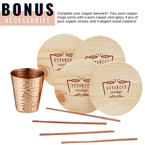 Advanced Mixology [Gift Set] Moscow Mule Mugs - 100% Pure Copper Mugs, 16 Ounce Set of 4 Stylish Designed Mugs with 4 Artisan Hand Crafted Wooden Coasters - The Beer Connoisseur® Store