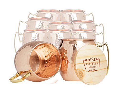 Advanced Mixology Set of 10 100% Pure Copper Moscow Mule Mugs (16 oz each) with 10 Artisan Hand Crafted Wooden Coasters - Barrel With Brass Handle - The Beer Connoisseur® Store