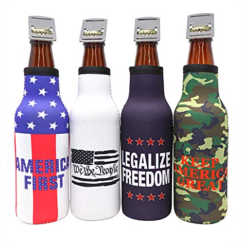 America First Beer Bottle Insulator - Legalize Freedom, We The People, Keep America Great, American Flag Patriotic Gift for Republicans, Insulated Cooler Sleeve with Zipper, Built-In Removable Opener - The Beer Connoisseur® Store