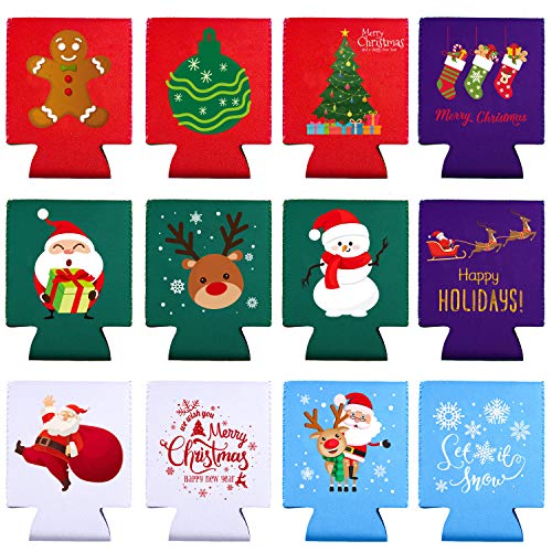 Aneco 12 Pack Christmas Can Sleeves Christmas Can Coolers Sleeves Holiday Theme Drink Holders 12 Festive Winter Designs Can Sleeves for Christmas Party - The Beer Connoisseur® Store