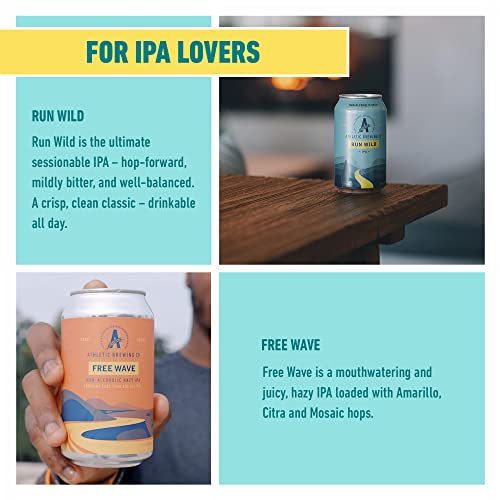 Athletic Brewing Company Craft Non Alcoholic Beer - Mix 12-Pack - Run Wild IPA and Free Wave Hazy IPA - Low-Calorie, Award Winning - All Natural Ingredients For Great Tasting Drink - 12 Fl Oz Cans - The Beer Connoisseur® Store
