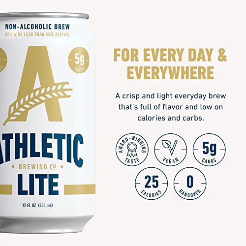 Athletic Brewing Company Light Craft Non-Alcoholic Beer - 12 Pack x 12 Fl Oz Cans - Athletic Lite Light Brew - Low-Calorie, Award Winning - Simply Crisp, Refreshing, Brisk & Smooth - Beautiful Noble Hops & Malt Body - The Beer Connoisseur® Store