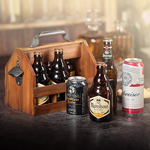 BARGIFTS Wooden 6-Bottle Caddy with Bottle Opener, build in a Removable Middle Divider Metal Bottle Opener… (Brown) - The Beer Connoisseur® Store