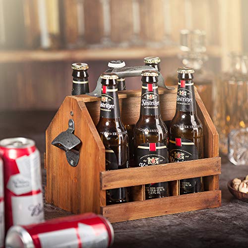 BARGIFTS Wooden 6-Bottle Caddy with Bottle Opener, build in a Removable Middle Divider Metal Bottle Opener… (Brown) - The Beer Connoisseur® Store