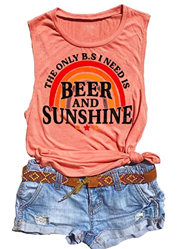 Beer and Sunshine Shirt Tank Top Women Cute Rainbow Graphic Shirt Summer Beach Vacation Drinking Party Sleeveless Shirt (Large, Orange) - The Beer Connoisseur® Store