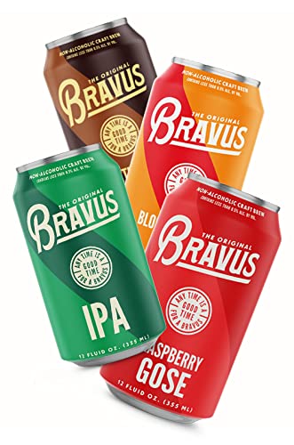 Bravus Non-Alcoholic Variety Sampler 24 Pack x 12 Fl Oz Cans - Low-Calorie, Gluten-Reduced, Vegan NA Craft Brew, 5 IPA, 5 Oatmeal Dark, 5 Raspberry Gose, 5 Blood Orange, 4 Peanut Butter Dark - The Beer Connoisseur® Store