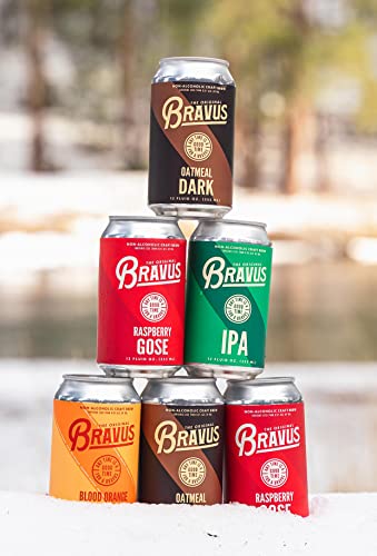 Bravus Non-Alcoholic Variety Sampler 24 Pack x 12 Fl Oz Cans - Low-Calorie, Gluten-Reduced, Vegan NA Craft Brew, 5 IPA, 5 Oatmeal Dark, 5 Raspberry Gose, 5 Blood Orange, 4 Peanut Butter Dark - The Beer Connoisseur® Store