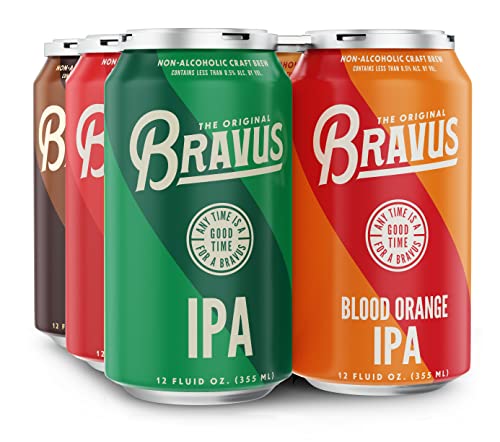 Bravus Non-Alcoholic Variety Sampler 24 Pack x 12 Fl Oz Cans - Low-Calorie, Gluten-Reduced, Vegan NA Craft Brew, 5 IPA, 5 Oatmeal Dark, 5 Raspberry Gose, 5 Blood Orange, 4 Peanut Butter Dark - The Beer Connoisseur® Store