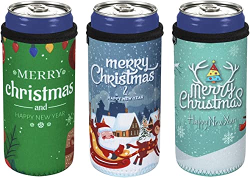 CaSZLUTION 3PCS Christmas Drink Can Sleeves Slim Beer Can Cooler Insulators Neoprene Slim Can Skin Covers 12OZ Beer Bottle Sleeves Holder Xmas Neoprene Can Coolier Sleeve - The Beer Connoisseur® Store