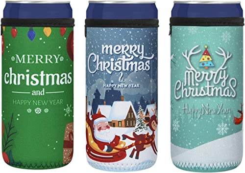 CaSZLUTION 3PCS Christmas Drink Can Sleeves Slim Beer Can Cooler Insulators Neoprene Slim Can Skin Covers 12OZ Beer Bottle Sleeves Holder Xmas Neoprene Can Coolier Sleeve - The Beer Connoisseur® Store