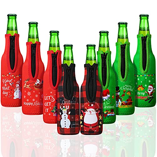 Christmas Beer Bottle Insulator Sleeve with Ring Zipper Neoprene Insulated Bottle Jackets Keep Warm and Cold Beer Bottle Sleeves with Stitched Fabric Edges for Party (Classic Pattern,8 Pieces) - The Beer Connoisseur® Store