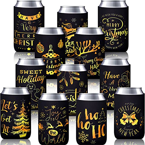 Christmas Beer Can Coolers Sleeves Bulk 12 Pcs Black Gold Xmas Holiday Can Insulated Covers for Christmas Party Decorations Supplies-neoprene Coolers for 4.9 x 3.8 Inch Canned Beverages, Bottle, Drink - The Beer Connoisseur® Store