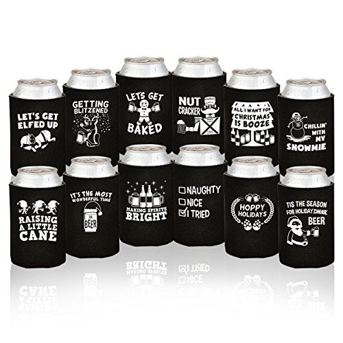 Christmas Funny Beer Can Coolers- 12 Pack Party Favor Drink Holders for Men- Gag Gifts for Christmas Holiday Parties - Novelty Beverage Insulators with Clever Jokes and Sayings for Beer Drinking Man - The Beer Connoisseur® Store