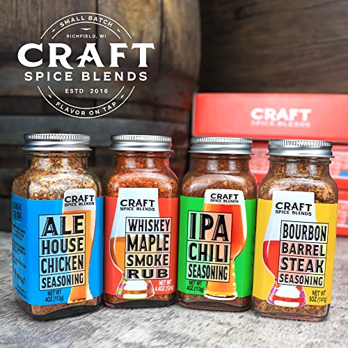 Craft Spice Blends Gift Set (Grilling Seasonings & Rubs, Gifts for Men & Women) - Includes Whiskey Maple Smoke Rub, Ale House Chicken Seasoning, Bourbon Barrel Steak Seasoning, and IPA Chili Seasoning - The Beer Connoisseur® Store