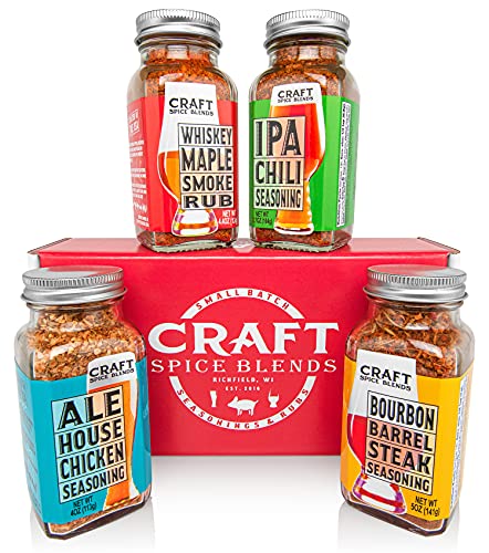 Craft Spice Blends Gift Set (Grilling Seasonings & Rubs, Gifts for Men & Women) - Includes Whiskey Maple Smoke Rub, Ale House Chicken Seasoning, Bourbon Barrel Steak Seasoning, and IPA Chili Seasoning - The Beer Connoisseur® Store