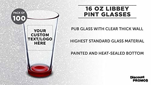 Custom Libbey Pint Glass 16 oz. Set of 100, Personalized Bulk Pack - Beer Glasses, Heavy Duty Drinkware - Red - The Beer Connoisseur® Store