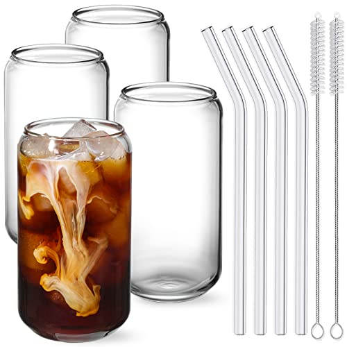 Drinking Glasses with Glass Straw 4pcs Set - 16oz Can Shaped Glass Cups, Beer Glasses, Iced Coffee Glasses, Cute Tumbler Cup, Ideal for Whiskey, Soda, Tea, Water, Gift - 2 Cleaning Brushes - The Beer Connoisseur® Store