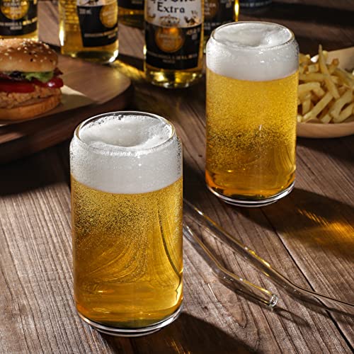 Drinking Glasses with Glass Straw 4pcs Set - 16oz Can Shaped Glass Cups, Beer Glasses, Iced Coffee Glasses, Cute Tumbler Cup, Ideal for Whiskey, Soda, Tea, Water, Gift - 2 Cleaning Brushes - The Beer Connoisseur® Store