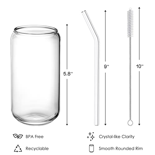 Drinking Glasses with Glass Straw 4pcs Set - 16oz Can Shaped Glass Cups, Beer Glasses, Iced Coffee Glasses, Cute Tumbler Cup, Ideal for Whiskey, Soda, Tea, Water, Gift - 2 Cleaning Brushes - The Beer Connoisseur® Store