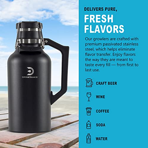 DrinkTanks Craft Growler, Passivated Stainless Steel Growlers for Beer, Leakproof and Vacuum Insulated Beverage Tumbler, Easy-to-Use Soda, Wine, or Coffee Tumbler with Handle, Obsidian, 64 Oz - The Beer Connoisseur® Store