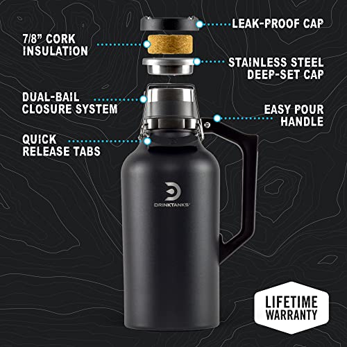 DrinkTanks Craft Growler, Passivated Stainless Steel Growlers for Beer, Leakproof and Vacuum Insulated Beverage Tumbler, Easy-to-Use Soda, Wine, or Coffee Tumbler with Handle, Obsidian, 64 Oz - The Beer Connoisseur® Store
