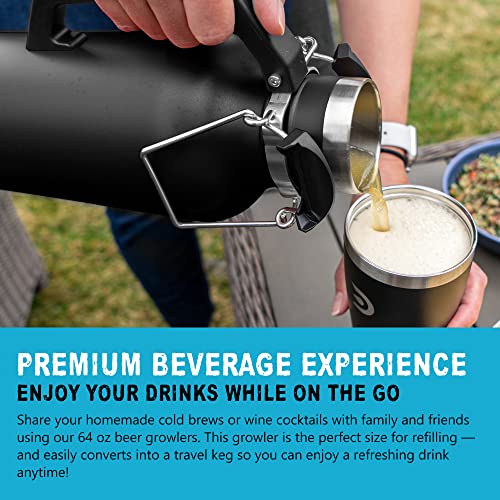 DrinkTanks Craft Growler, Passivated Stainless Steel Growlers for Beer, Leakproof and Vacuum Insulated Beverage Tumbler, Easy-to-Use Soda, Wine, or Coffee Tumbler with Handle, Obsidian, 64 Oz - The Beer Connoisseur® Store