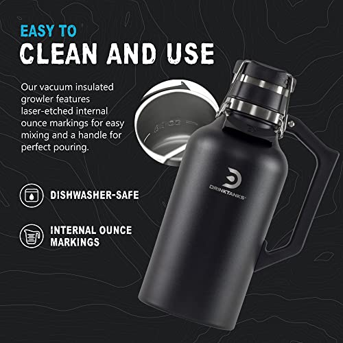 DrinkTanks Craft Growler, Passivated Stainless Steel Growlers for Beer, Leakproof and Vacuum Insulated Beverage Tumbler, Easy-to-Use Soda, Wine, or Coffee Tumbler with Handle, Obsidian, 64 Oz - The Beer Connoisseur® Store