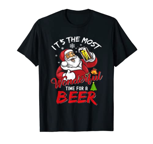Funny Christmas Santa Claus Drinking Beer Wonderful Time T-Shirt - The Beer Connoisseur® Store