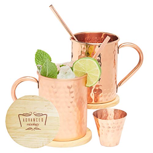 [Gift Set] Advanced Mixology Moscow Mule Mugs Set of 2 (16oz) | 100% Copper Mugs Set w/ 2 Straws, 2 Wooden Coasters & 1 Shot Glass | Tarnish-Resistant Food Grade Lacquer Coat - The Beer Connoisseur® Store