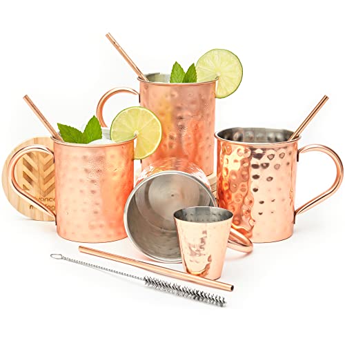 [Gift Set] Advanced Mixology Moscow Mule Mugs Set of 4 (16 oz.) | Stainless Steel Lined Copper Mugs w/ 4 Artisan Hand Crafted Wooden Coasters, 4 Straws, Shot Glass and Cleaning Brush - The Beer Connoisseur® Store