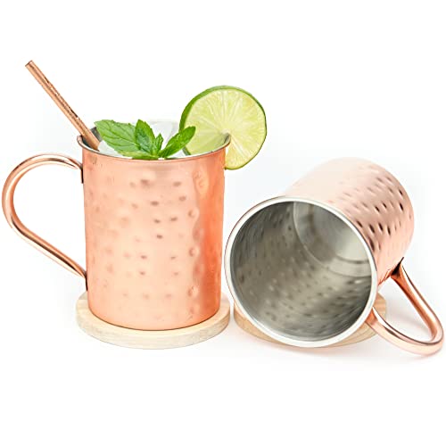 [Gift Set] Advanced Mixology Moscow Mule Mugs Set of 4 (16 oz.) | Stainless Steel Lined Copper Mugs w/ 4 Artisan Hand Crafted Wooden Coasters, 4 Straws, Shot Glass and Cleaning Brush - The Beer Connoisseur® Store