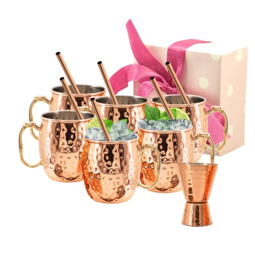 [Gift Set] Kitchen Science Moscow Mule Mugs, Stainless Steel Lined Copper Moscow Mule Cups Set of 6 (18oz) w/ Straws, Jigger, Spoon & Brush | Tarnish-Resistant Stainless Steel Interior - The Beer Connoisseur® Store
