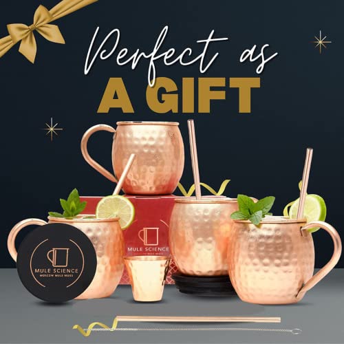 [Gift Set] Mule Science Moscow Mule Mugs Set of 4 | 100% Handcrafted | Food Safe | Copper Mugs with Bonus Accessories | Tarnish Resistant Copper Cups | 16 oz. - The Beer Connoisseur® Store