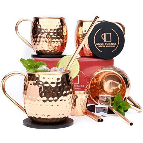 [Gift Set] Mule Science Moscow Mule Mugs Set of 4 | 100% Handcrafted | Food Safe | Copper Mugs with Bonus Accessories | Tarnish Resistant Copper Cups | 16 oz. - The Beer Connoisseur® Store