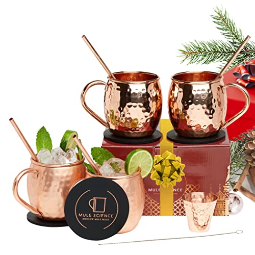 [Gift Set] Mule Science Moscow Mule Mugs Set of 4 | 100% Handcrafted | Food Safe | Copper Mugs with Bonus Accessories | Tarnish Resistant Copper Cups | 16 oz. - The Beer Connoisseur® Store