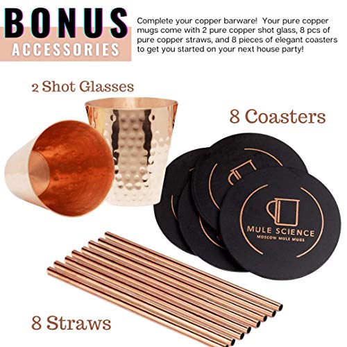 [Gift Set] Mule Science Moscow Mule Mugs Set of 8 (16oz) | Solid Barrel 100% Copper Mugs Set w/ 8 Straws, 8 Coasters & 1 Shot Glass | Handcrafted Tarnish-Resistant Food Grade Lacquer Coat - The Beer Connoisseur® Store