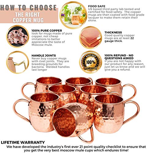 [Gift Set] Mule Science Moscow Mule Mugs Set of 8 (16oz) | Solid Barrel 100% Copper Mugs Set w/ 8 Straws, 8 Coasters & 1 Shot Glass | Handcrafted Tarnish-Resistant Food Grade Lacquer Coat - The Beer Connoisseur® Store