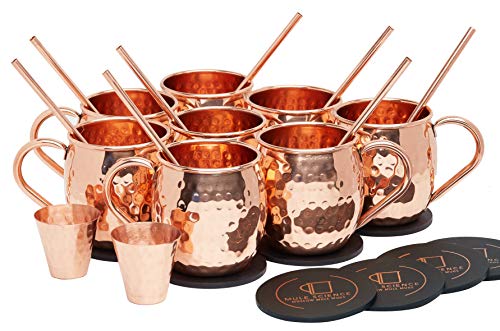 [Gift Set] Mule Science Moscow Mule Mugs Set of 8 (16oz) | Solid Barrel 100% Copper Mugs Set w/ 8 Straws, 8 Coasters & 1 Shot Glass | Handcrafted Tarnish-Resistant Food Grade Lacquer Coat - The Beer Connoisseur® Store