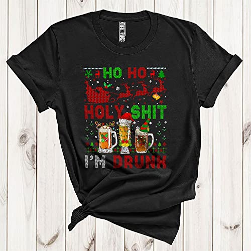 Ho Ho Holy Sh*t I'm Drunk Funny Merry Christmas Sweater Reindeer Santa ELF Drinking Beer Lover Unisex T-Shirt Black - The Beer Connoisseur® Store