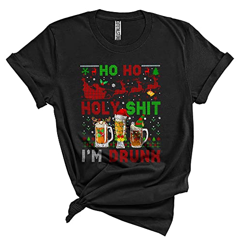 Ho Ho Holy Sh*t I'm Drunk Funny Merry Christmas Sweater Reindeer Santa ELF Drinking Beer Lover Unisex T-Shirt Black - The Beer Connoisseur® Store