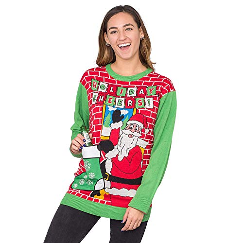 Holiday Cheers! Santa with Beer Holder Socks Adult Ugly Christmas Sweater (Large) Red - The Beer Connoisseur® Store