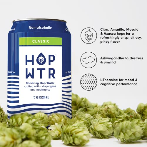 HOP WTR - Sparkling Hop Water - Classic (12 Pack) - NA Beer, No Calories or Sugar, Low Carb, With Adaptogens and Nootropics for Added Benefits (12 oz Cans) - The Beer Connoisseur® Store