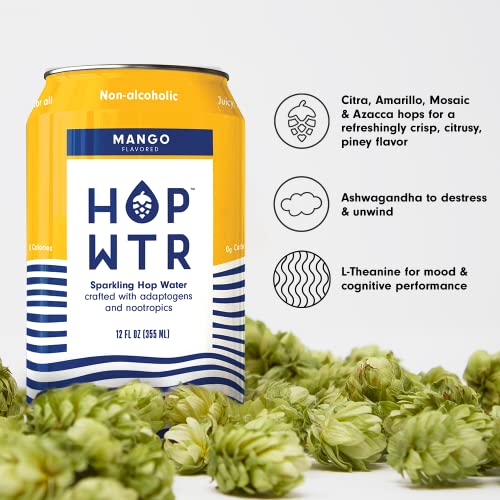HOP WTR - Sparkling Hop Water - Mango - (12 Pack) - NA Beer, No Calories or Sugar, Low Carb, With Adaptogens and Nootropics for Added Benefits (12 oz Cans) - The Beer Connoisseur® Store