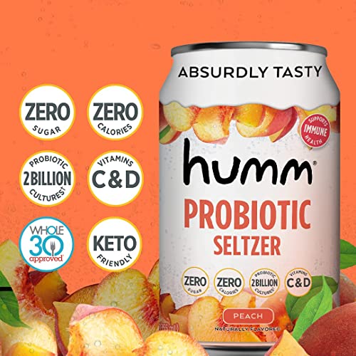 Humm Sparking Probiotic Peach Seltzer - Zero Sugar, Zero Calorie, 2 Billion Probiotics - Vitamin C,D, and B12 - 12 fl oz (12 Pack) - The Beer Connoisseur® Store