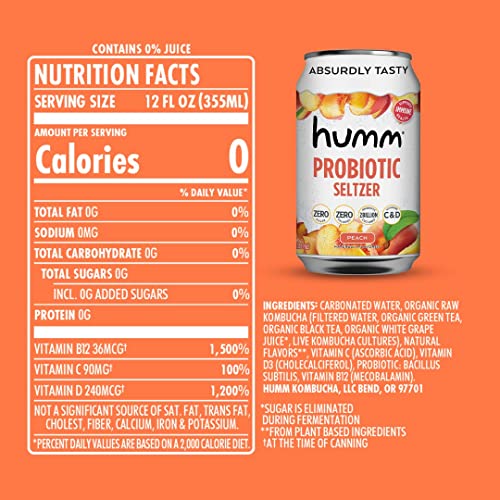 Humm Sparking Probiotic Peach Seltzer - Zero Sugar, Zero Calorie, 2 Billion Probiotics - Vitamin C,D, and B12 - 12 fl oz (12 Pack) - The Beer Connoisseur® Store