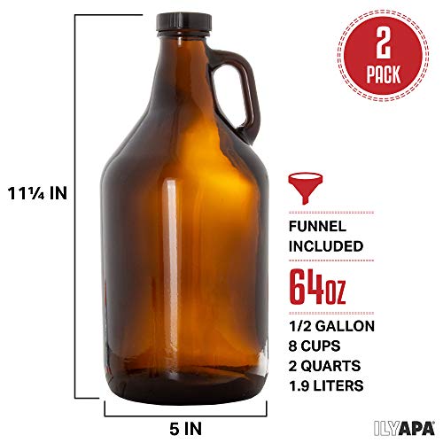 Ilyapa Amber Glass Growlers for Beer, 2 Pack - 64 oz Half Gallon Jug Set with Lids - Great for Home Brewing, Kombucha, Cider & More - The Beer Connoisseur® Store
