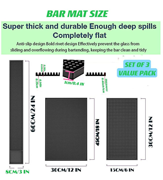 IMIYOKU Bar Mat Set of 3 Rubber Bar Service Spill Mat for Cocktail Bartender Coffee Bar or Countertop Mats Glass Drying Mat (Black, 18" x 12"+23" x 3"+12" x 6") - The Beer Connoisseur® Store
