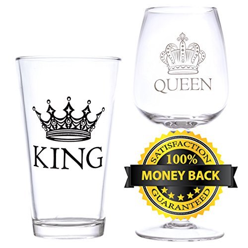 King Beer & Queen Wine Glass Set | Beautiful Gift for Newlyweds, Engagements, Anniversaries, Weddings, Parents, Couples, Christmas - Novelty Drinking Glassware (King Beer & Queen Wine Glass Set) - The Beer Connoisseur® Store