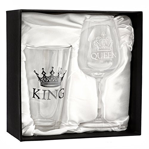 King Beer & Queen Wine Glass Set | Beautiful Gift for Newlyweds, Engagements, Anniversaries, Weddings, Parents, Couples, Christmas - Novelty Drinking Glassware (King Beer & Queen Wine Glass Set) - The Beer Connoisseur® Store
